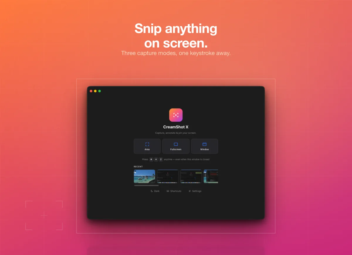 CreamShot X showing recent captures in its Mac screen-capture interface