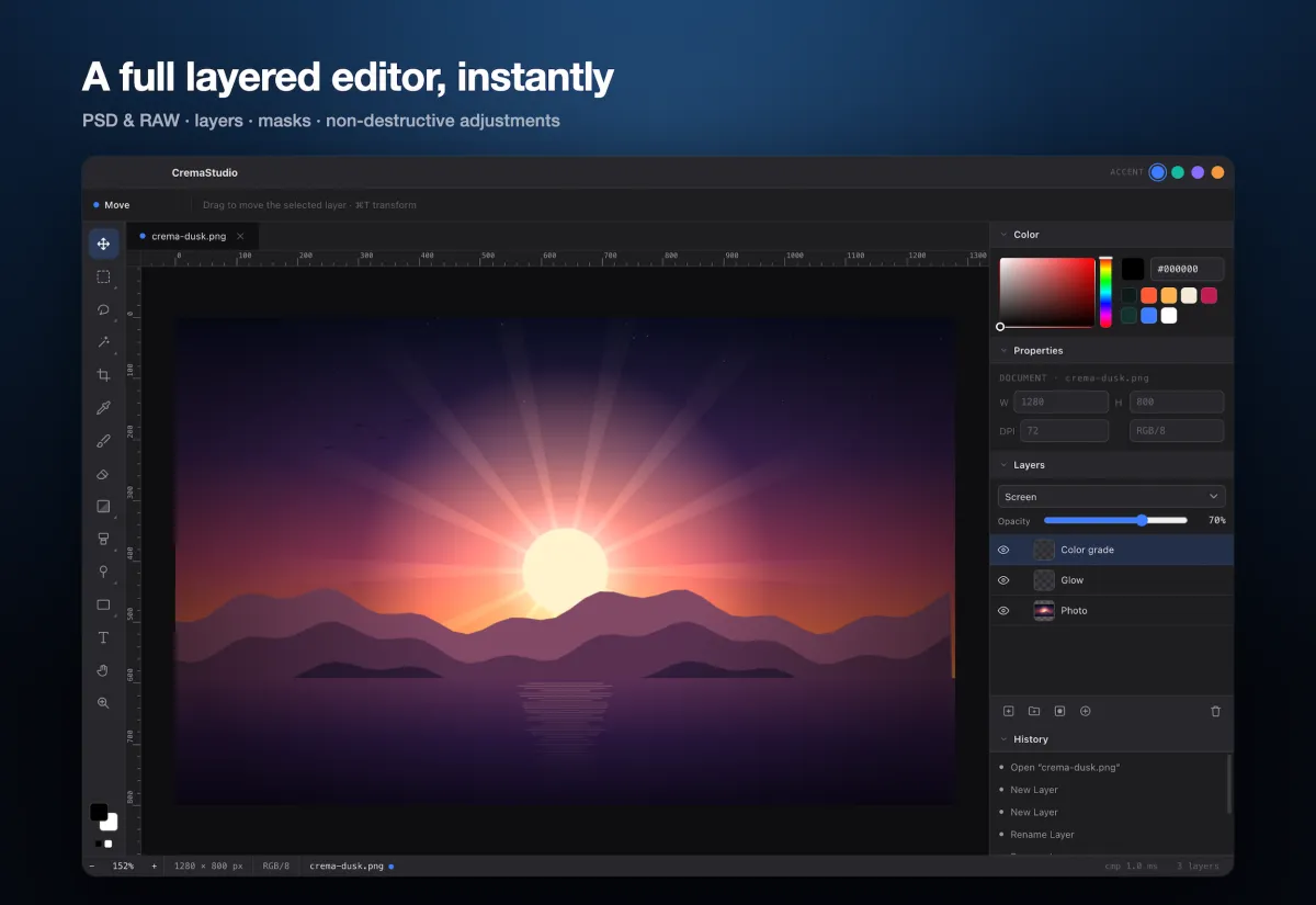 CremaStudio editor with tools on the left, a layered landscape image in the middle, and color, layers and history panels on the right