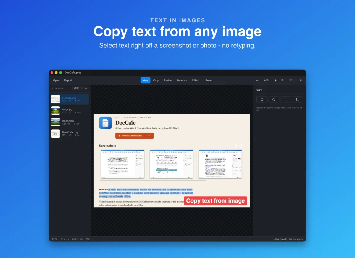 Pixpresso showing a folder of images in a sidebar, with text in a screenshot selected for copying