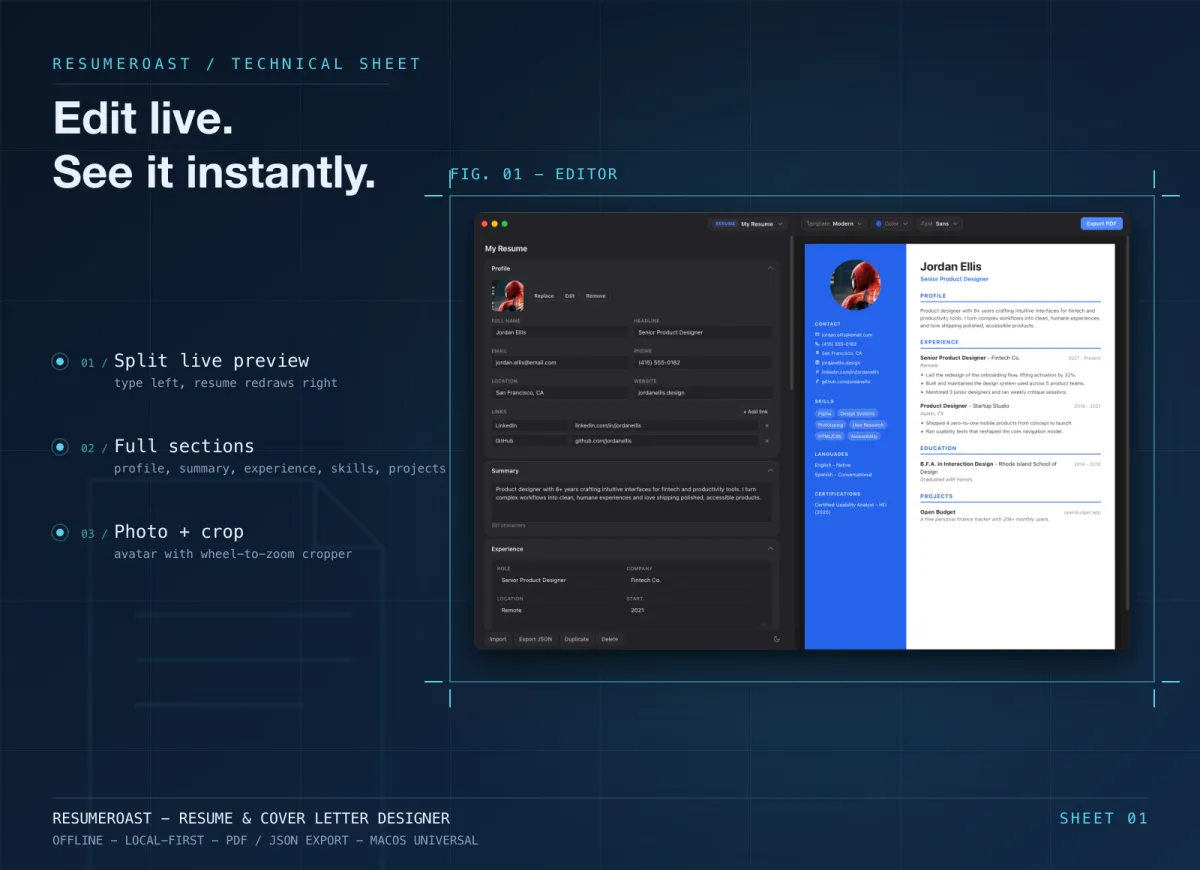 ResumeRoast editor with a form on the left and a live A4 resume preview on the right